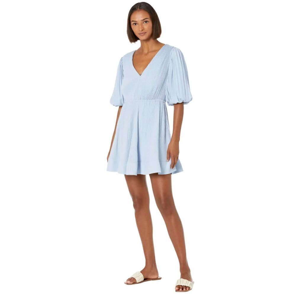 New! Milly Blue Elle Pleated Puff Sleeves V Neck Skater Mini Dress, 12